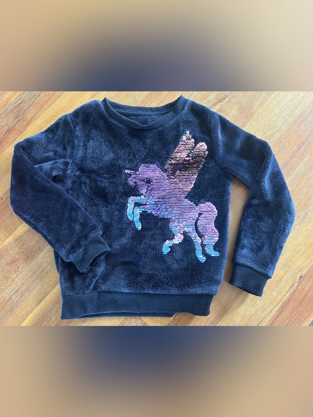 🌸4/$20🌸 Girls' Navy Plush Sweatshirt with Iridescent Sequin Unicorn